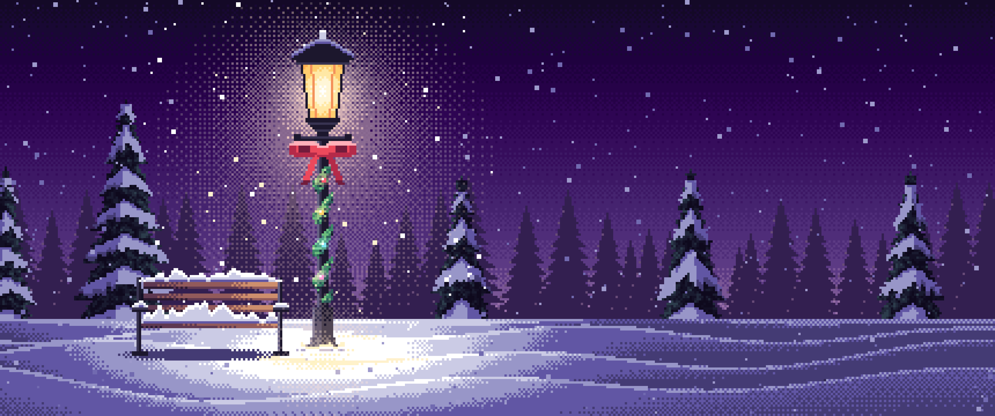 Dark Purple Pixel Art Christmas Lamp Post in the Snow ultrawide wallpaper, 3440 × 1440