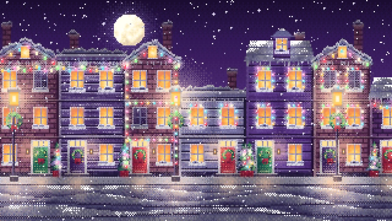 Dark Purple Pixel Art Christmas Lights Street at Night desktop wallpaper in 4K