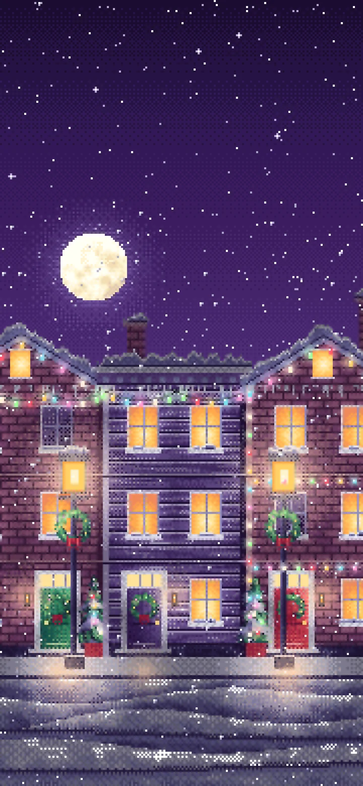Dark Purple Pixel Art Christmas Lights Street at Night wallpaper for iPhone and Android