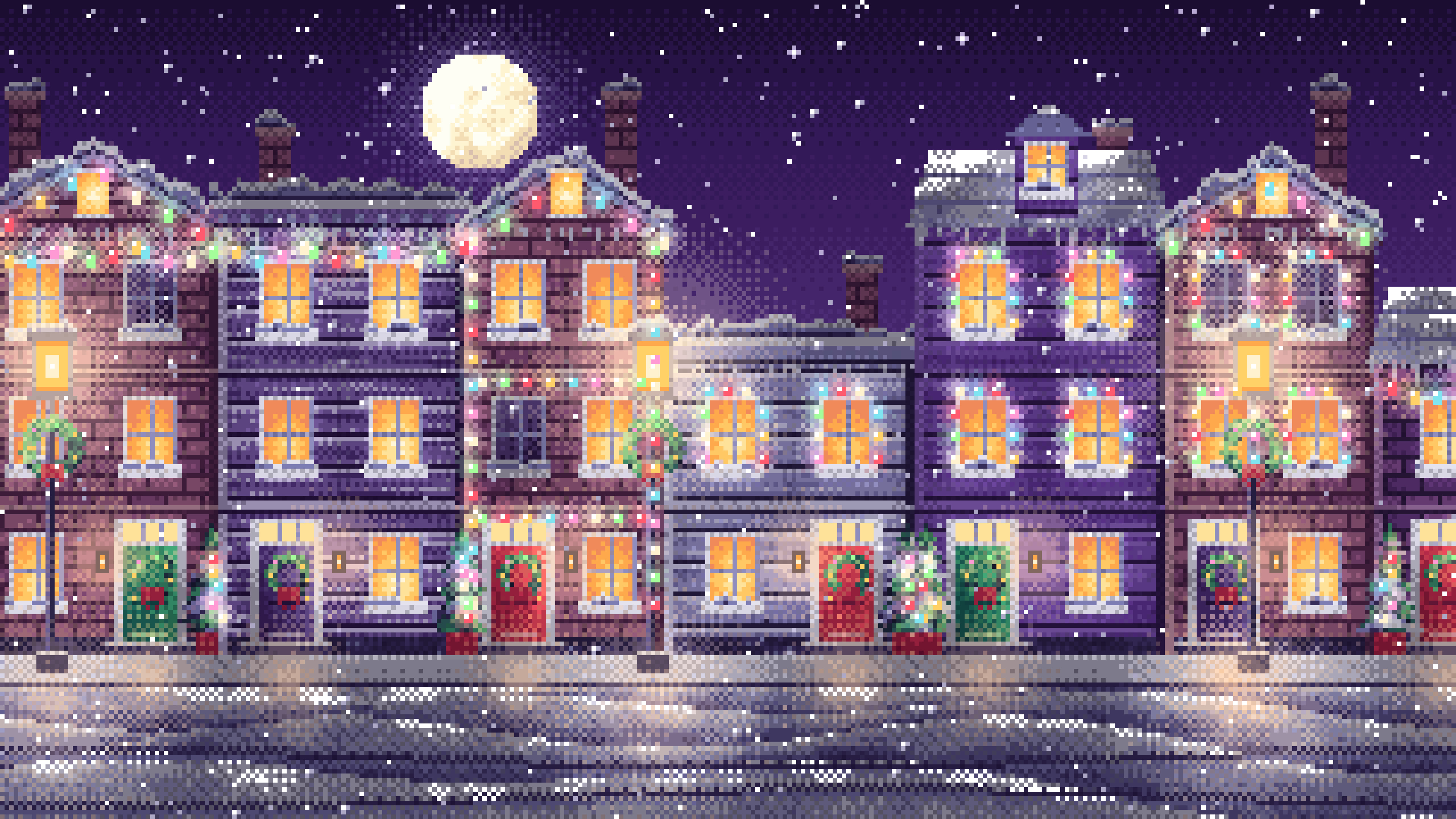 Dark Purple Pixel Art Christmas Lights Street at Night desktop wallpaper in 4K