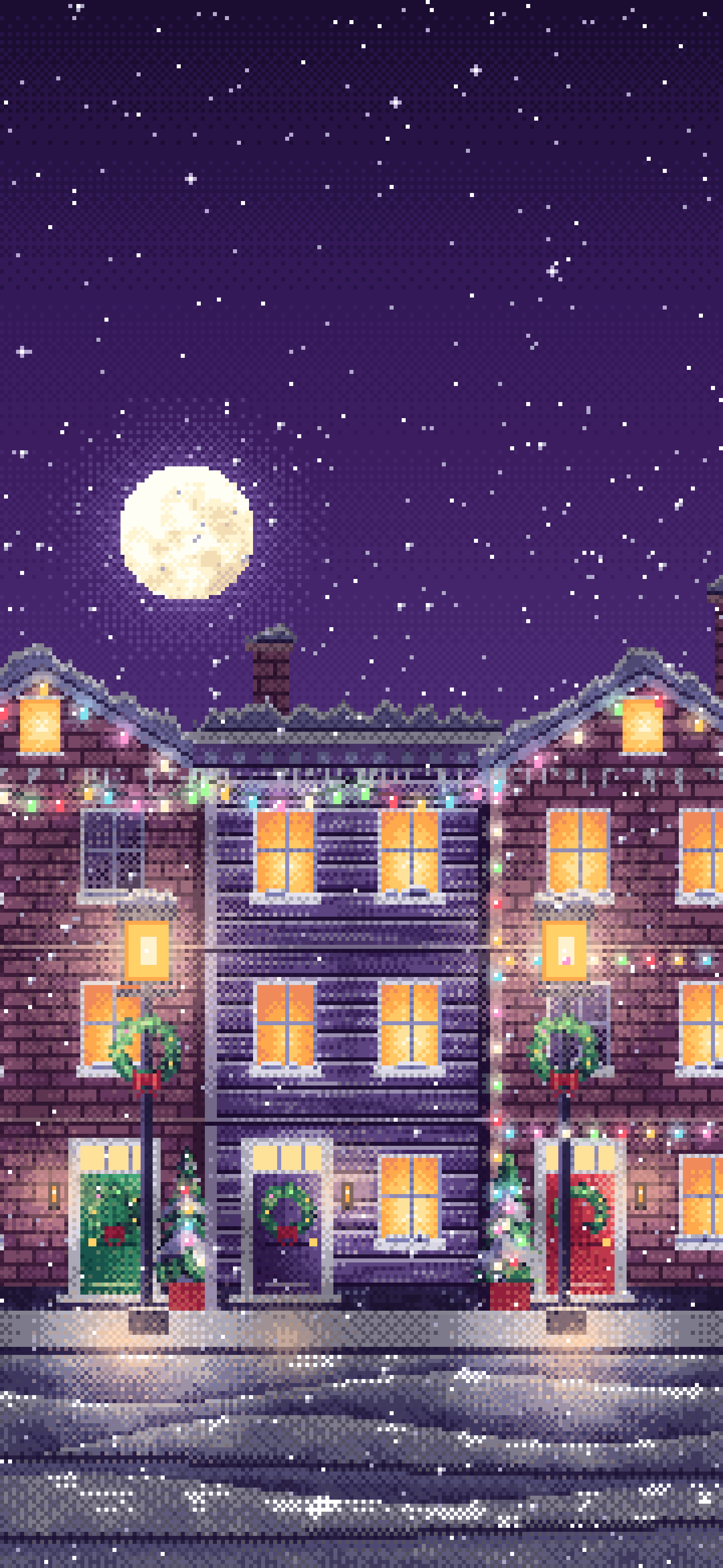 Dark Purple Pixel Art Christmas Lights Street at Night wallpaper for iPhone and Android