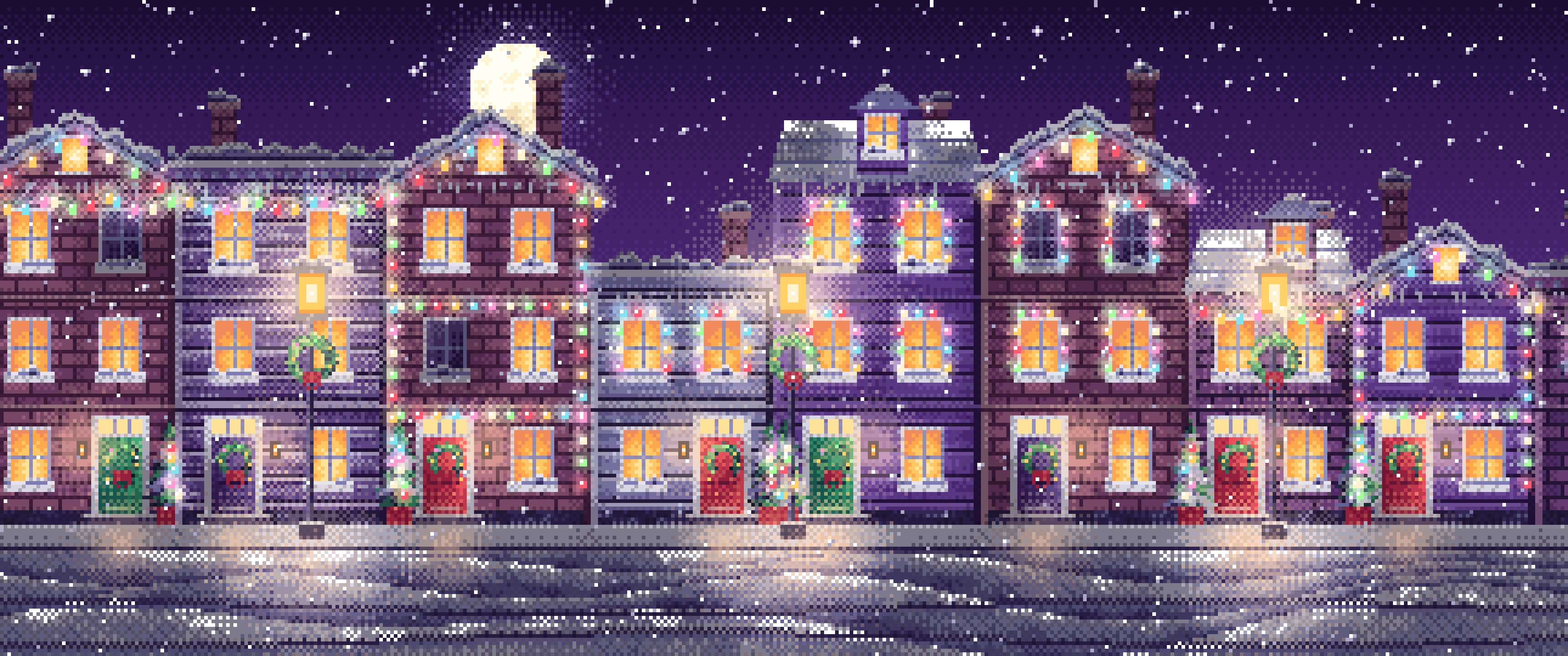 Dark Purple Pixel Art Christmas Lights Street at Night ultrawide wallpaper, 3440 × 1440