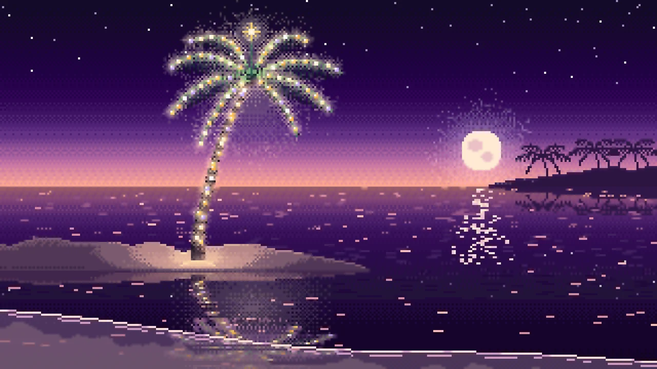 Dark Purple Pixel Art Christmas Palm Tree on the Beach desktop wallpaper in 4K