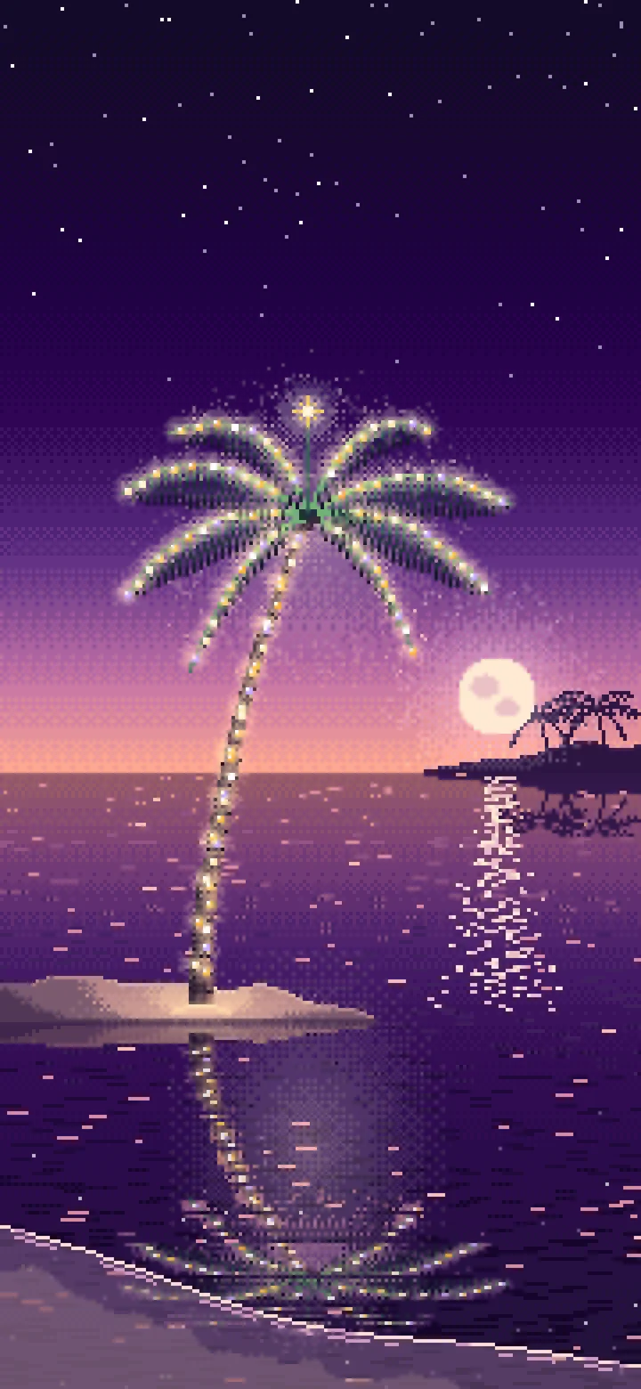 Dark Purple Pixel Art Christmas Palm Tree on the Beach wallpaper for iPhone and Android