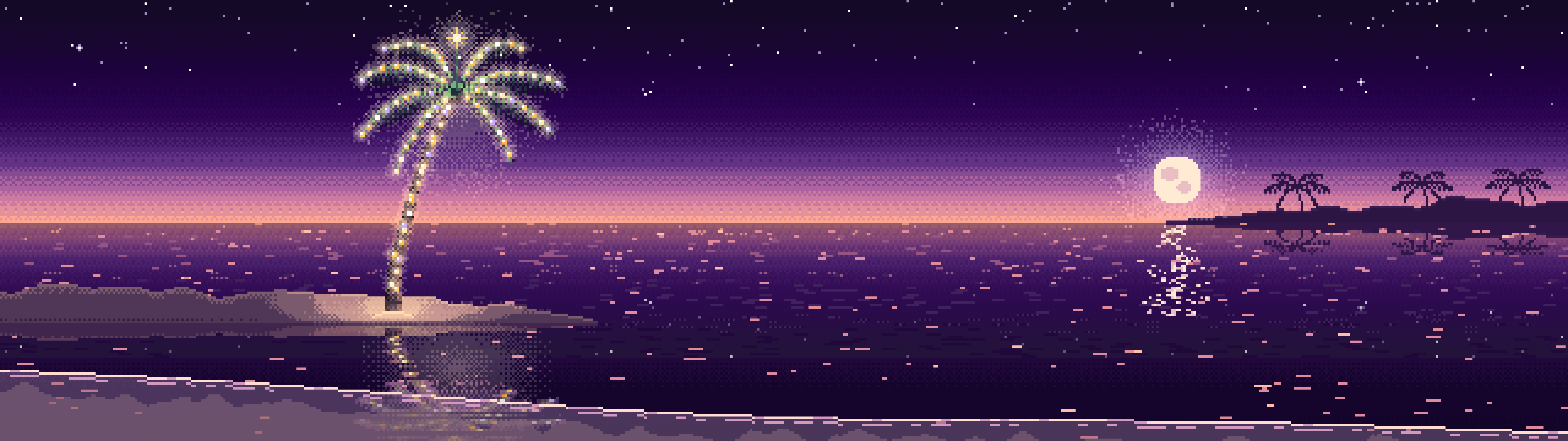 Dark Purple Pixel Art Christmas Palm Tree on the Beach dual monitor wallpaper, 7680 × 2160