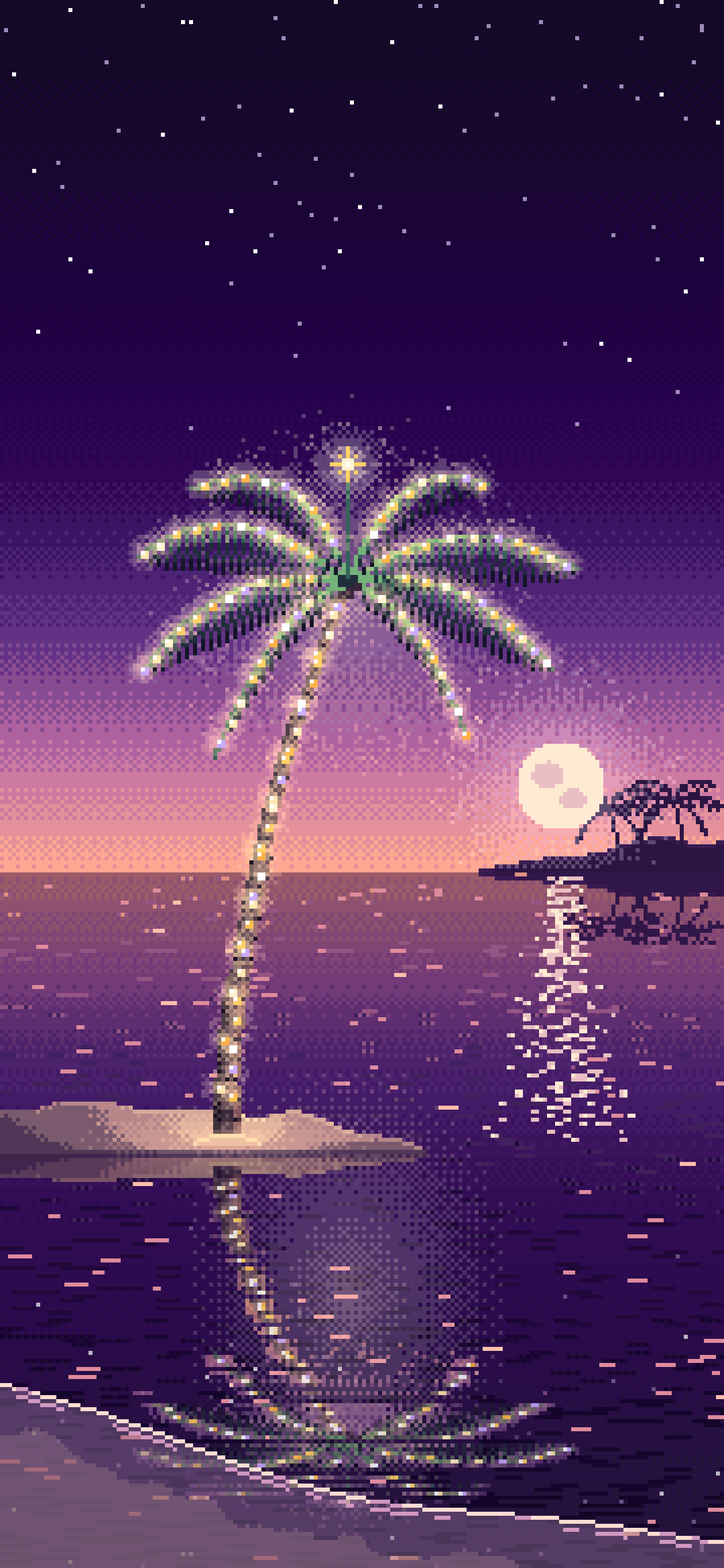 Dark Purple Pixel Art Christmas Palm Tree on the Beach wallpaper for iPhone and Android