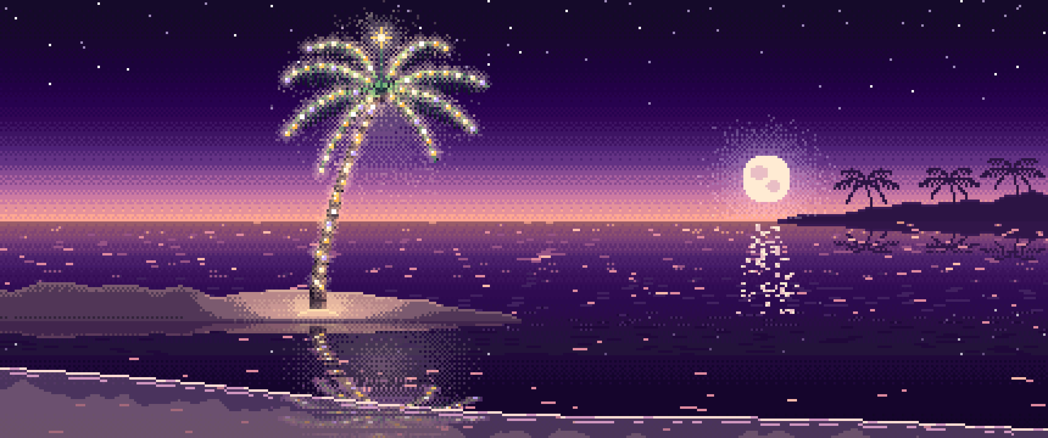 Dark Purple Pixel Art Christmas Palm Tree on the Beach ultrawide wallpaper, 3440 × 1440