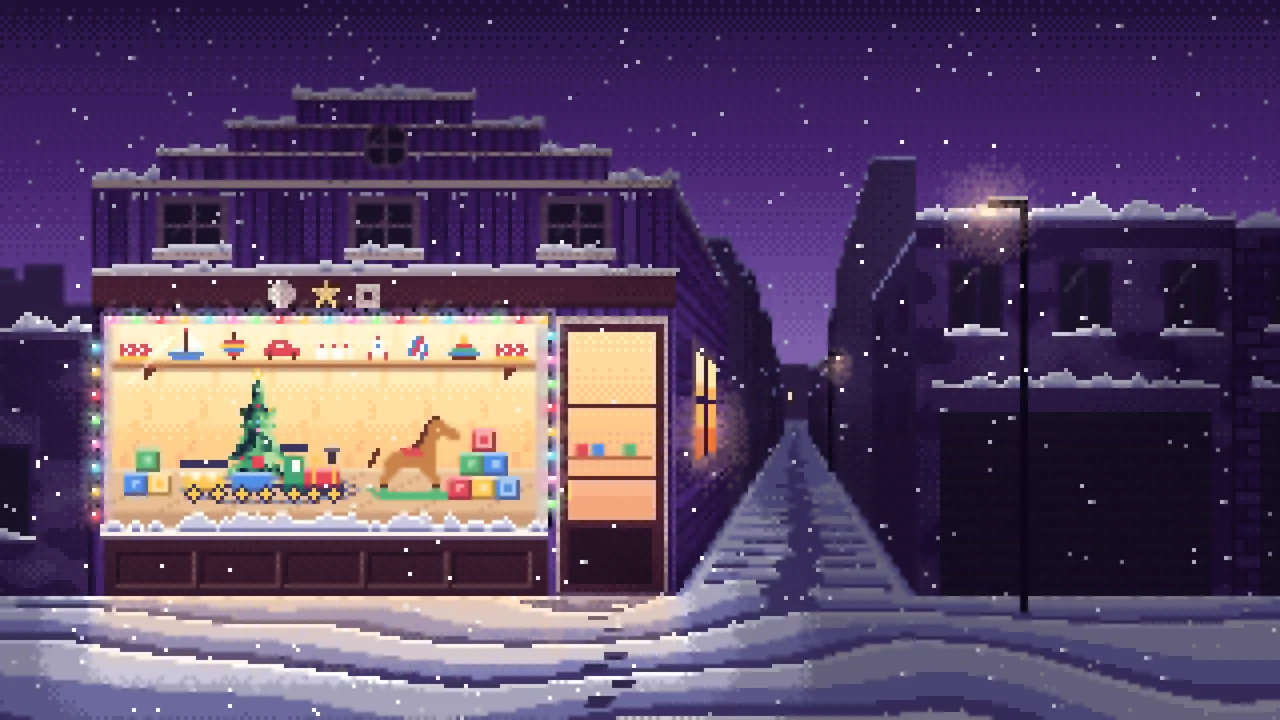 Dark Purple Pixel Art Christmas Toy Shop desktop wallpaper in 4K