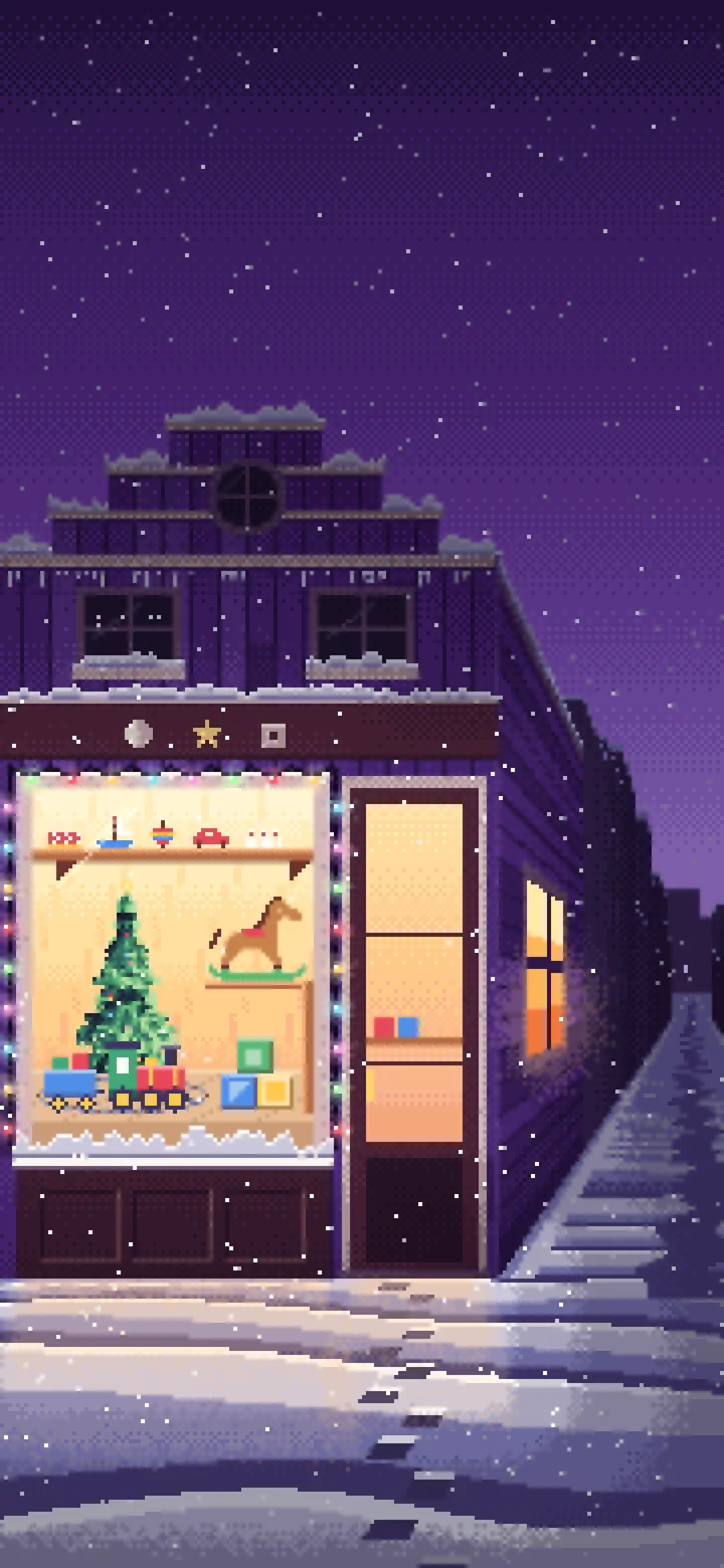 Dark Purple Pixel Art Christmas Toy Shop wallpaper for iPhone and Android