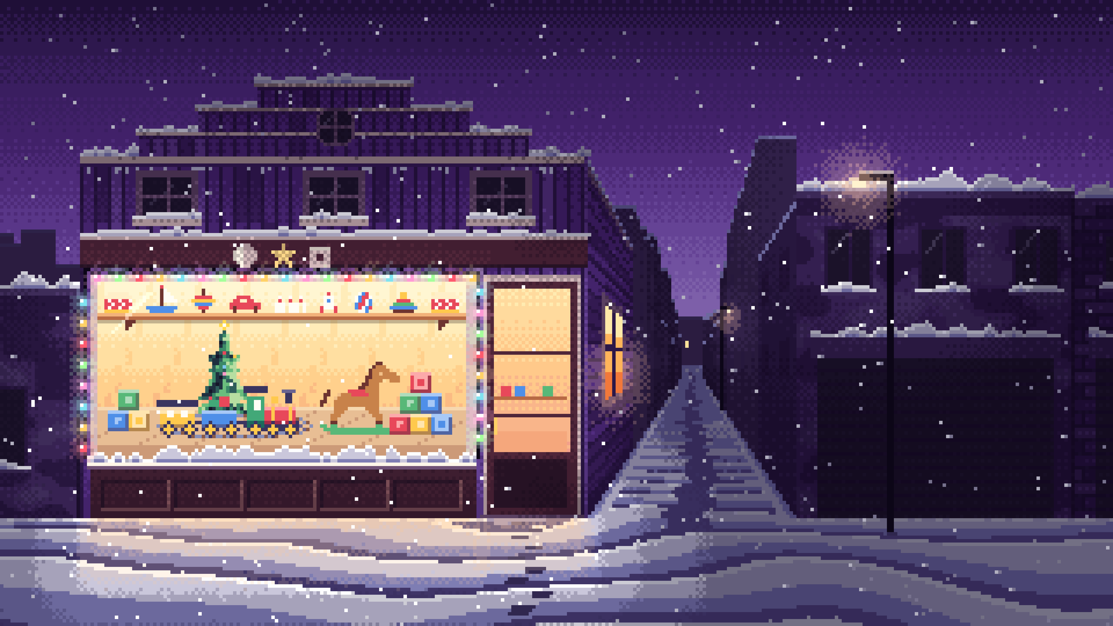 Dark Purple Pixel Art Christmas Toy Shop desktop wallpaper in 4K