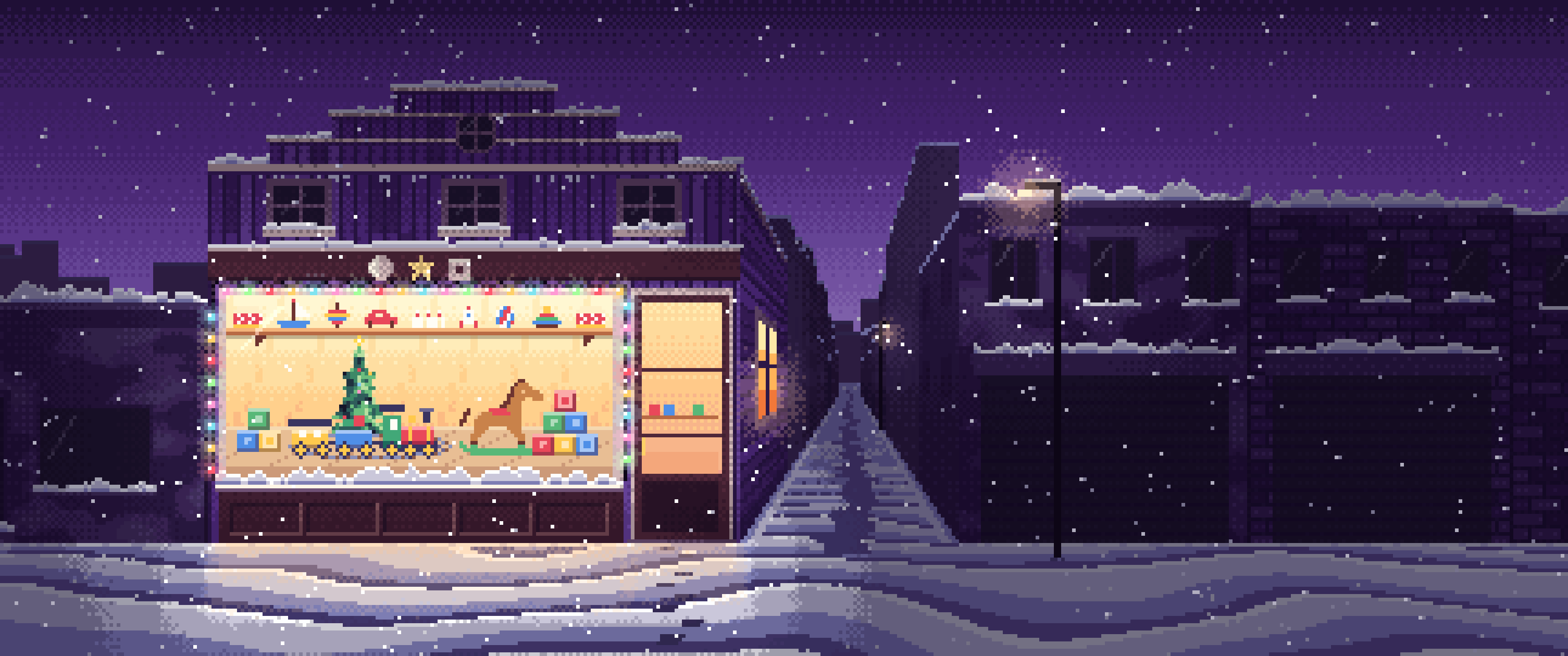 Dark Purple Pixel Art Christmas Toy Shop ultrawide wallpaper, 3440 × 1440