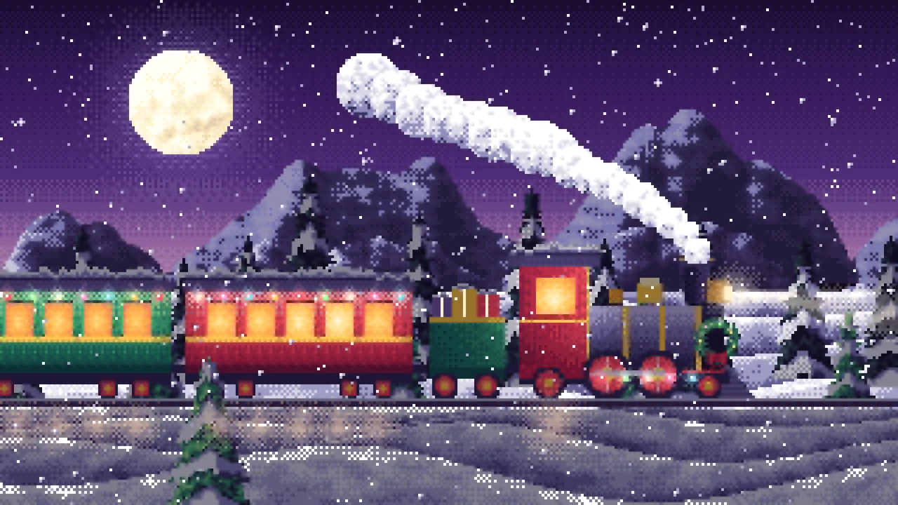 Dark Purple Pixel Art Christmas Train in the Snow desktop wallpaper in 4K