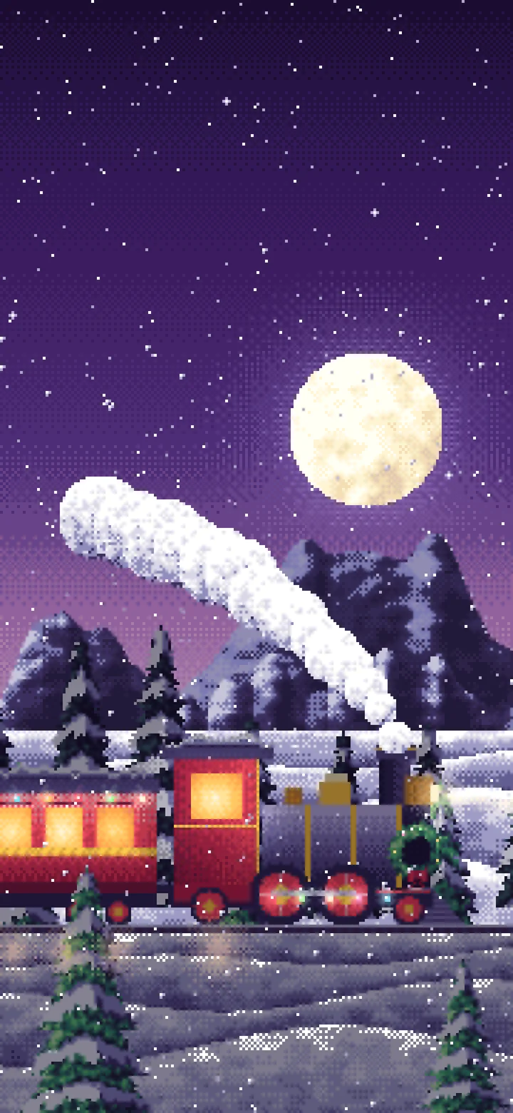 Dark Purple Pixel Art Christmas Train in the Snow wallpaper for iPhone and Android