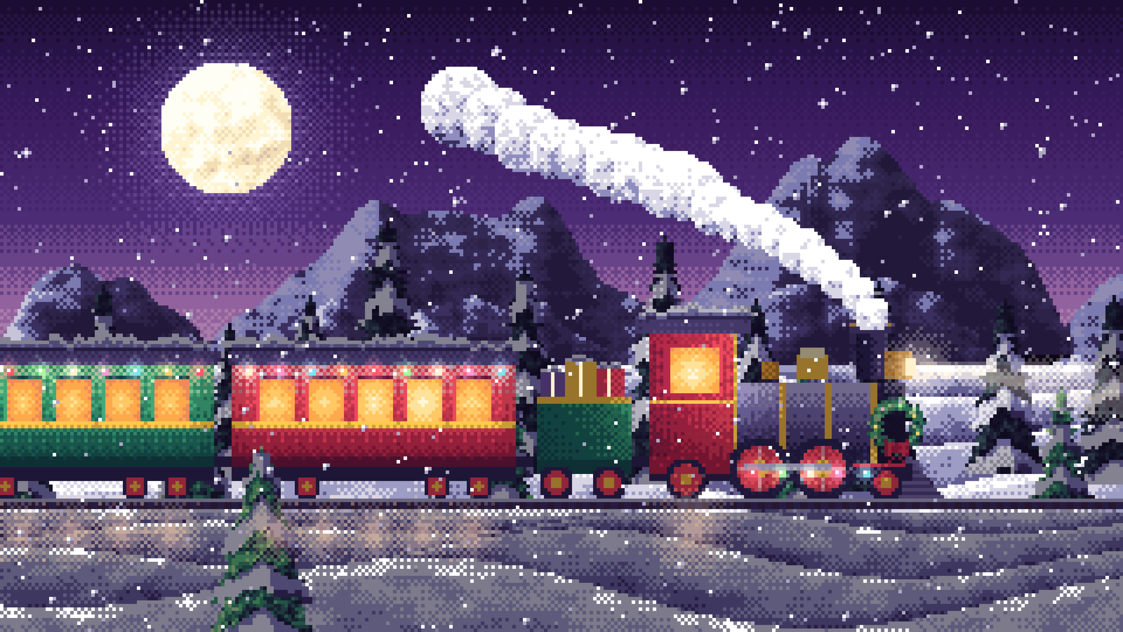 Dark Purple Pixel Art Christmas Train in the Snow desktop wallpaper in 4K