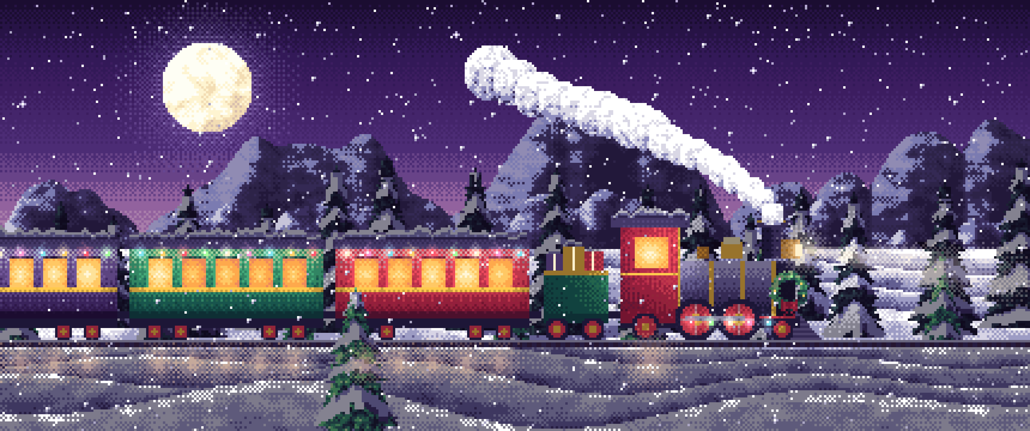 Dark Purple Pixel Art Christmas Train in the Snow ultrawide wallpaper, 3440 × 1440