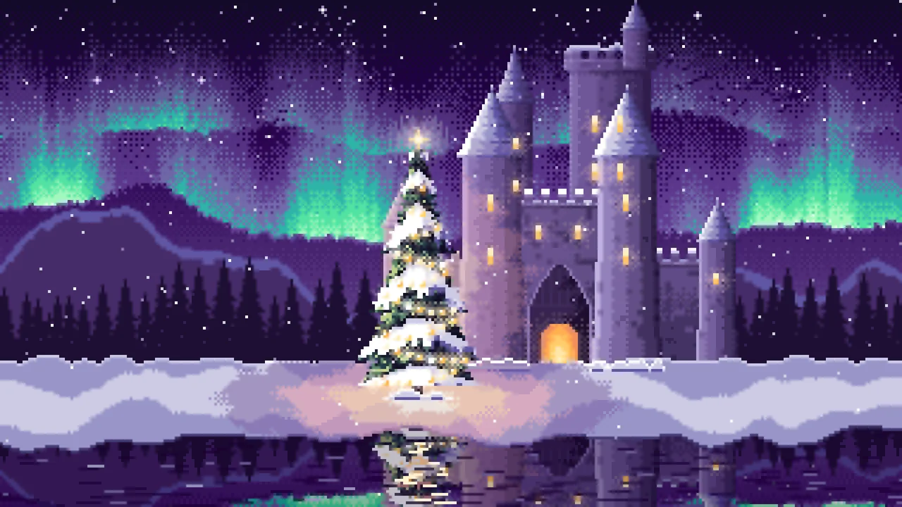 Dark Purple Pixel Art Christmas Tree at a Fantasy Castle Gate desktop wallpaper in 4K