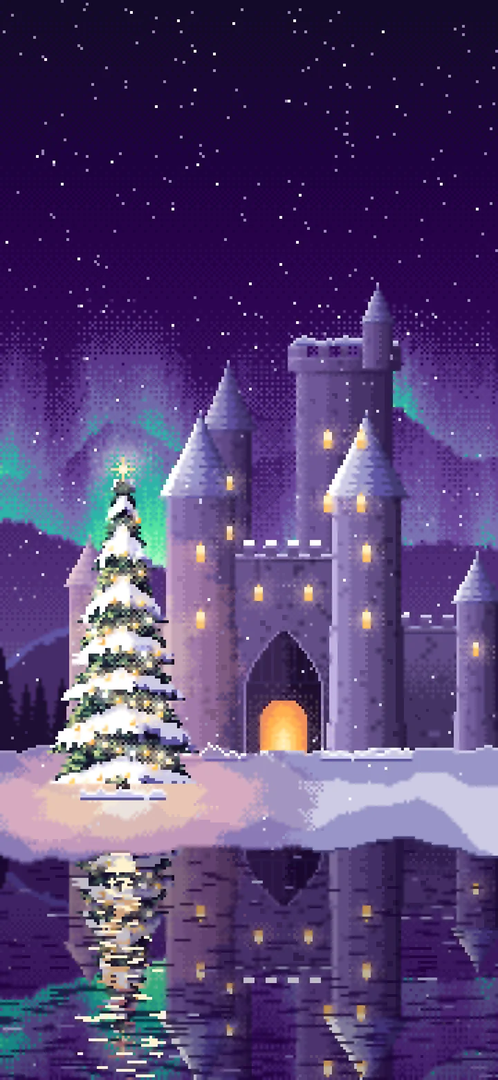 Dark Purple Pixel Art Christmas Tree at a Fantasy Castle Gate wallpaper for iPhone and Android