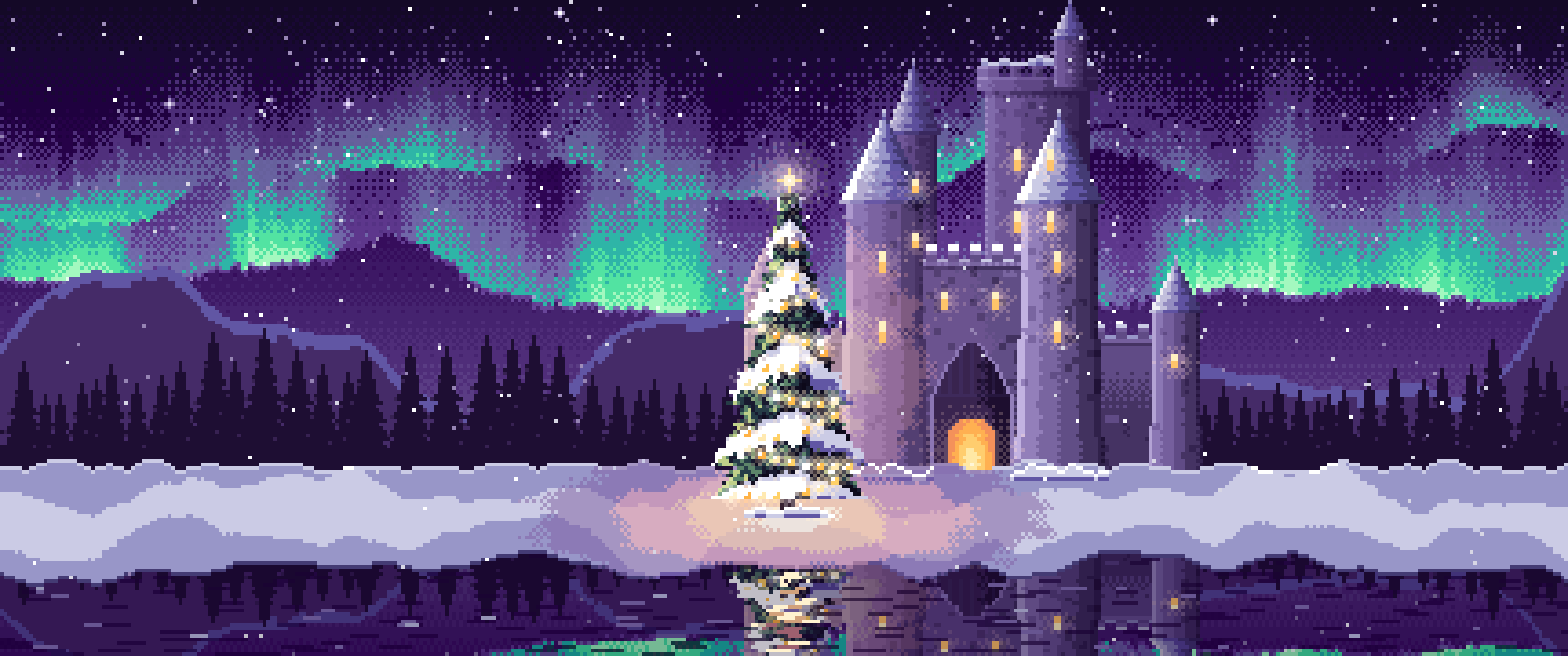 Dark Purple Pixel Art Christmas Tree at a Fantasy Castle Gate ultrawide wallpaper, 3440 × 1440