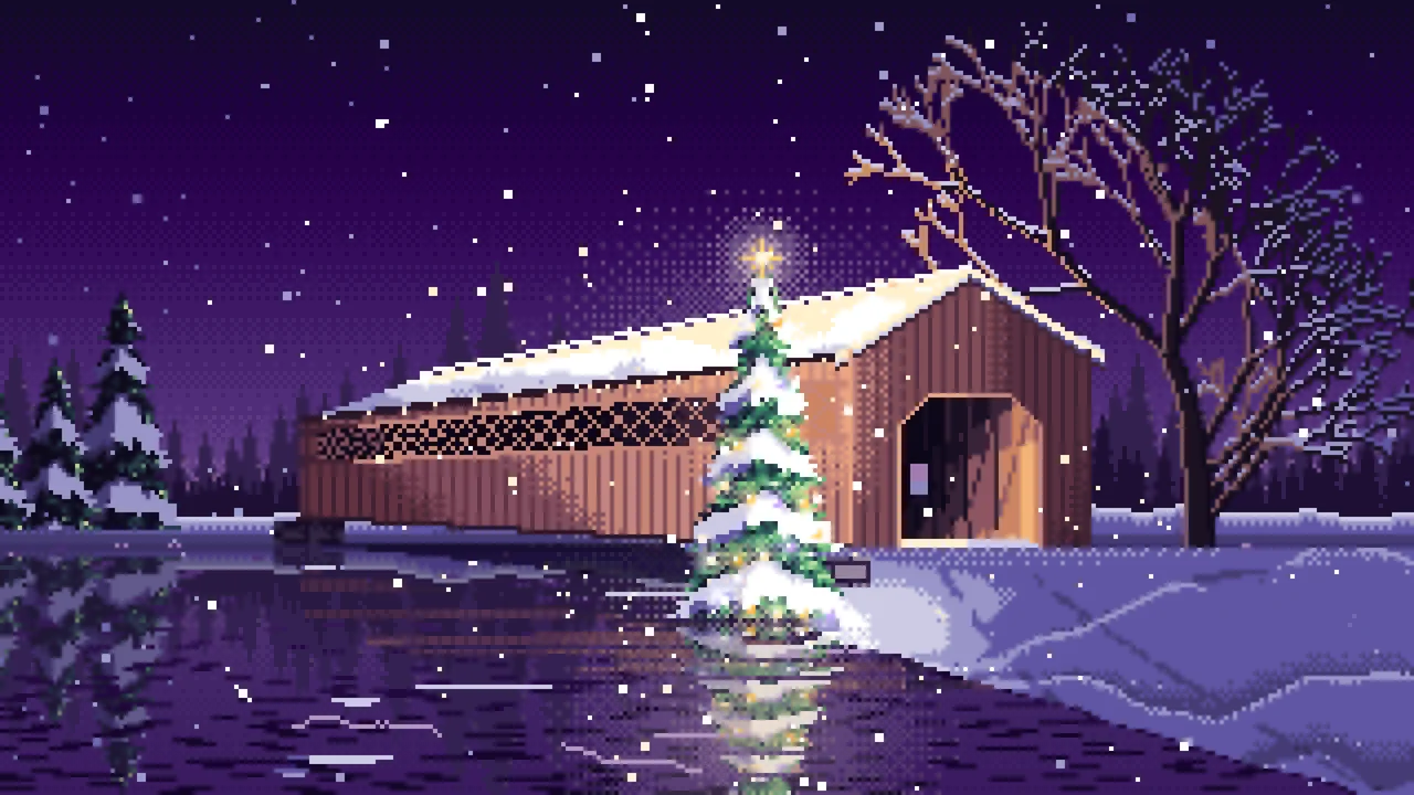 Dark Purple Pixel Art Christmas Tree at a Snowy Covered Bridge desktop wallpaper in 4K