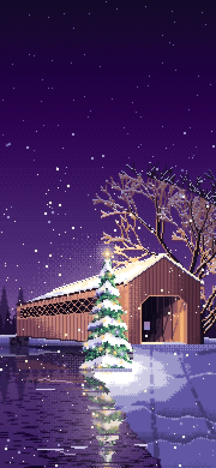 Dark Purple Pixel Art Christmas Tree at a Snowy Covered Bridge wallpaper for iPhone and Android