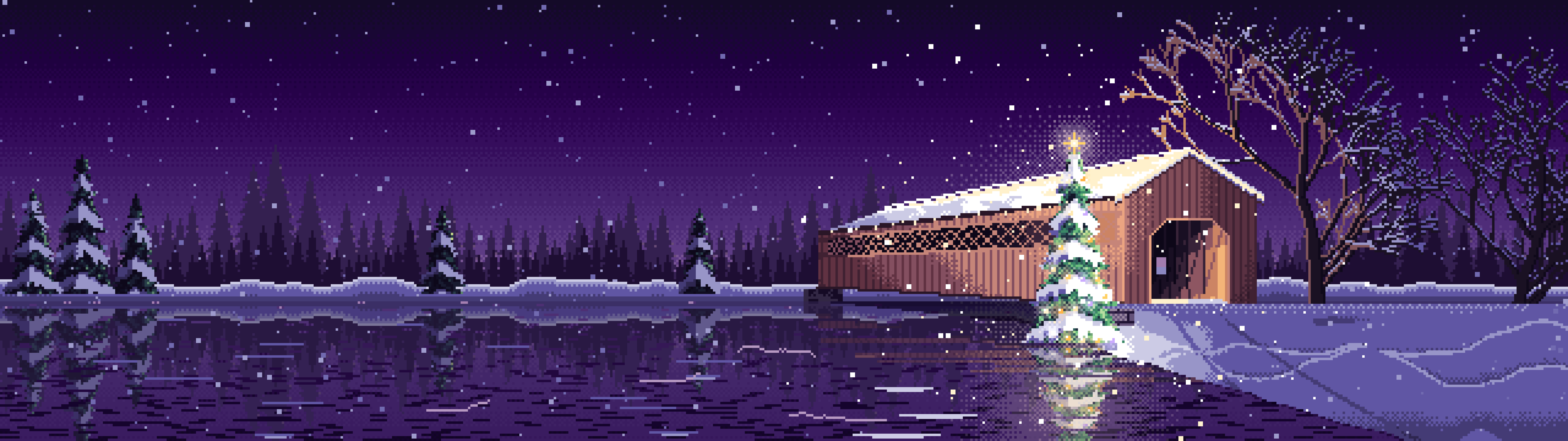 Dark Purple Pixel Art Christmas Tree at a Snowy Covered Bridge dual monitor wallpaper, 7680 × 2160