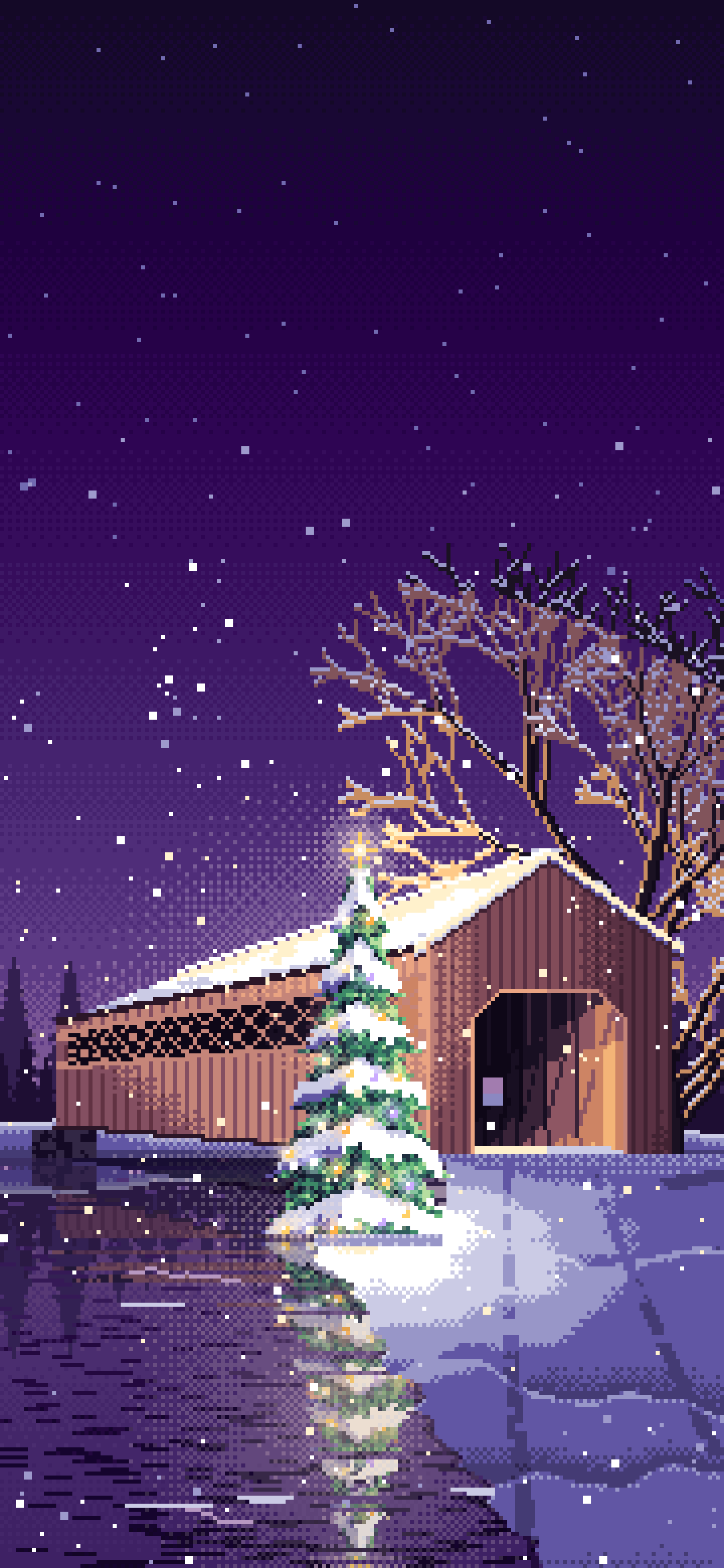 Dark Purple Pixel Art Christmas Tree at a Snowy Covered Bridge wallpaper for iPhone and Android