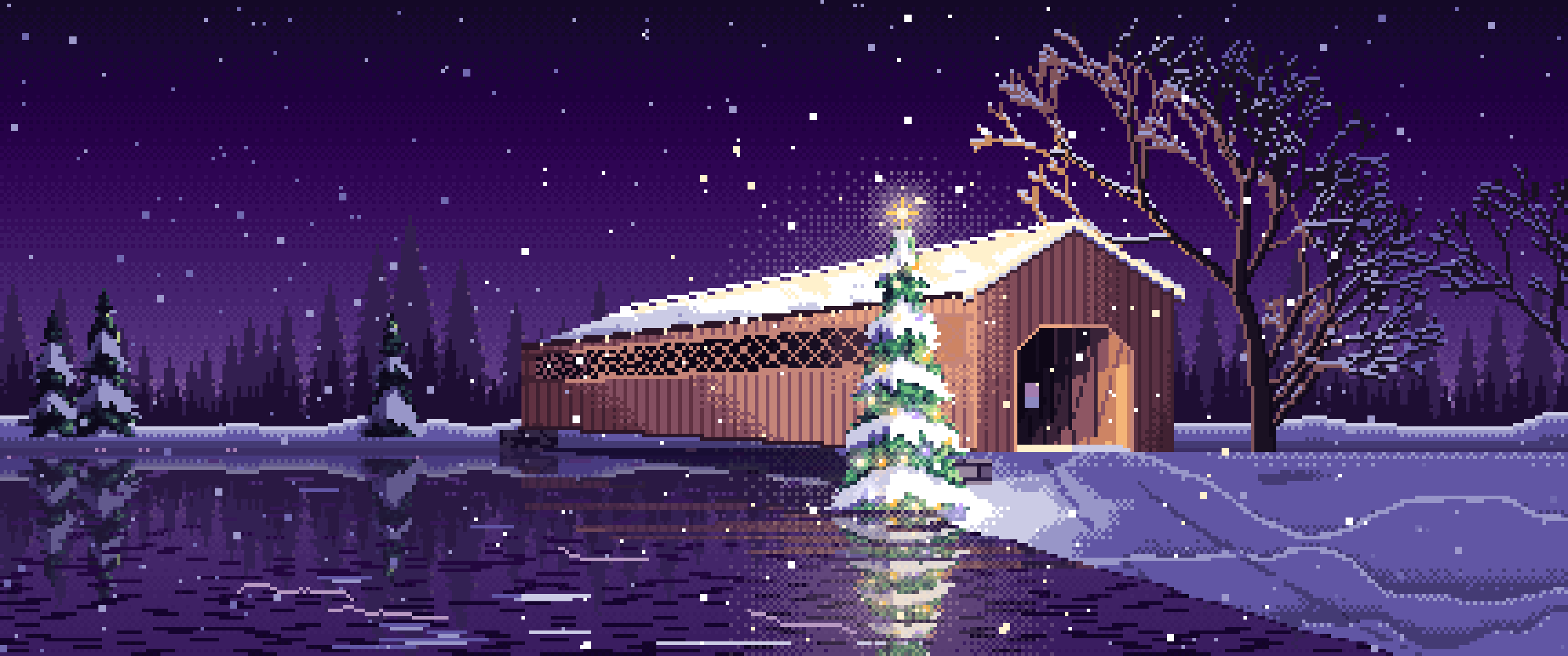 Dark Purple Pixel Art Christmas Tree at a Snowy Covered Bridge ultrawide wallpaper, 3440 × 1440