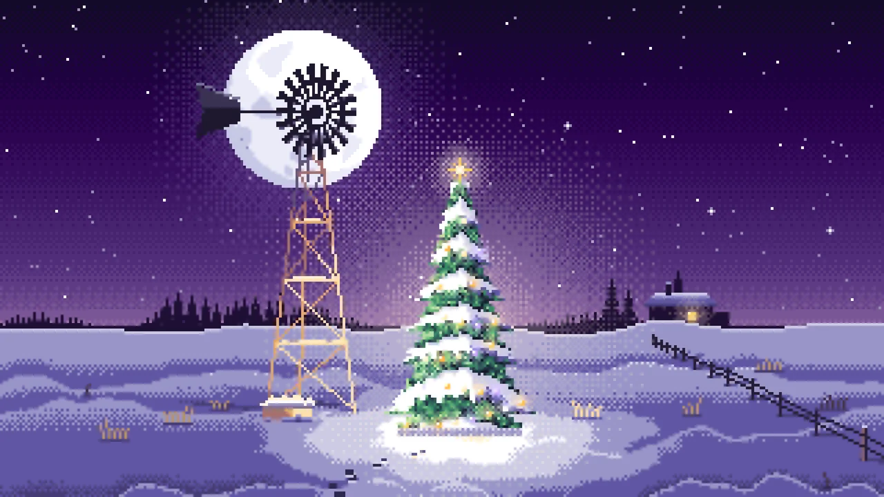 Dark Purple Pixel Art Christmas Tree by a Farm Windmill desktop wallpaper in 4K