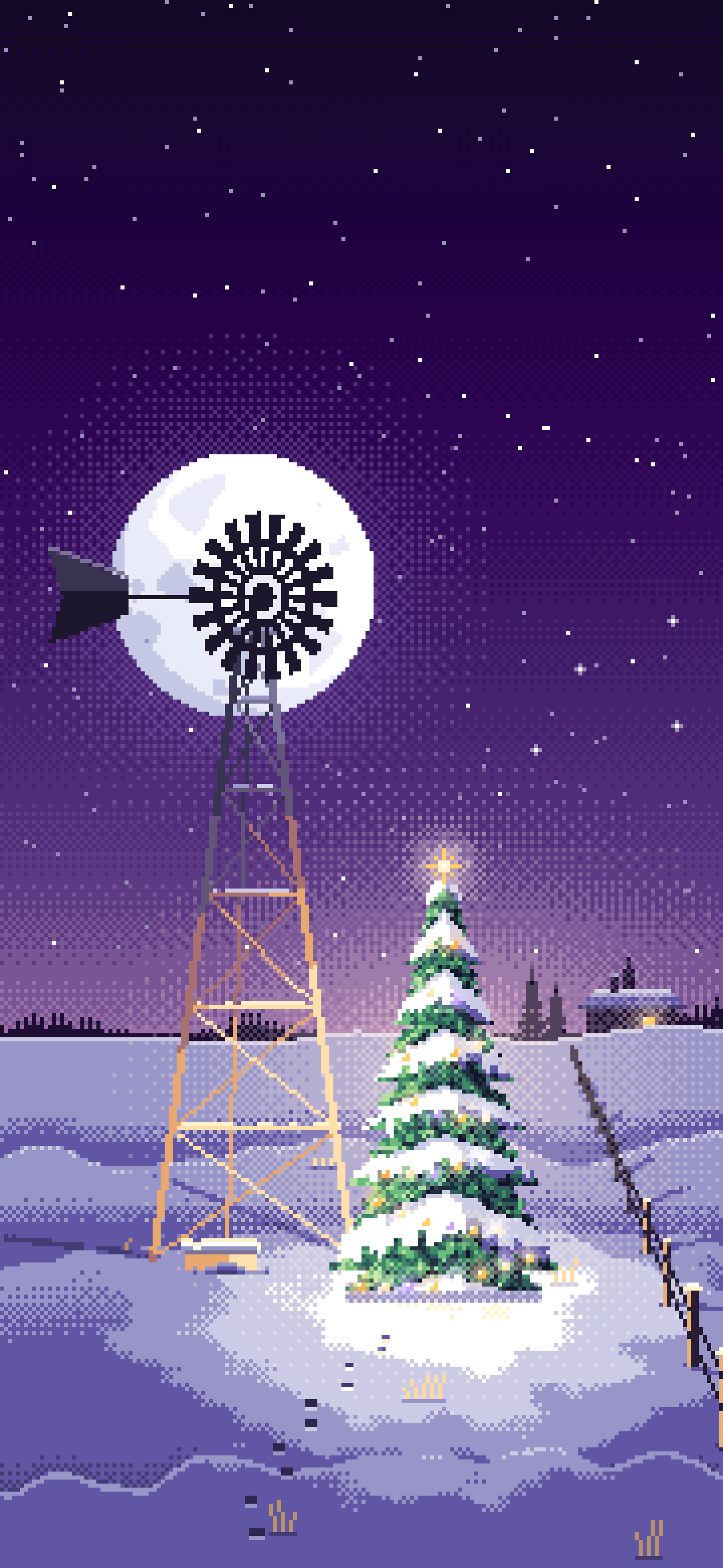 Dark Purple Pixel Art Christmas Tree by a Farm Windmill wallpaper for iPhone and Android