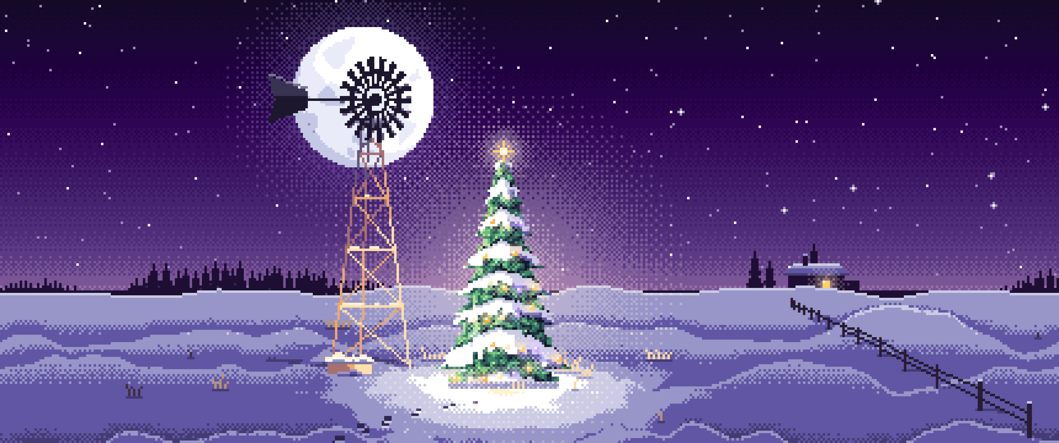 Dark Purple Pixel Art Christmas Tree by a Farm Windmill ultrawide wallpaper, 3440 × 1440