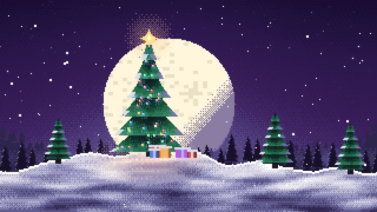 Dark Purple Pixel Art Christmas Tree desktop wallpaper in 4K