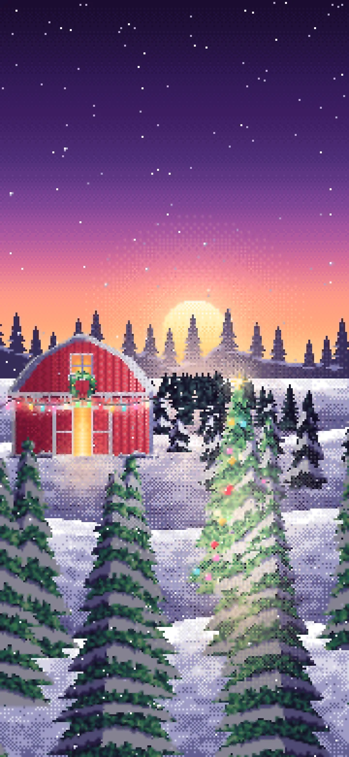 Dark Purple Pixel Art Christmas Tree Farm at Dusk wallpaper for iPhone and Android