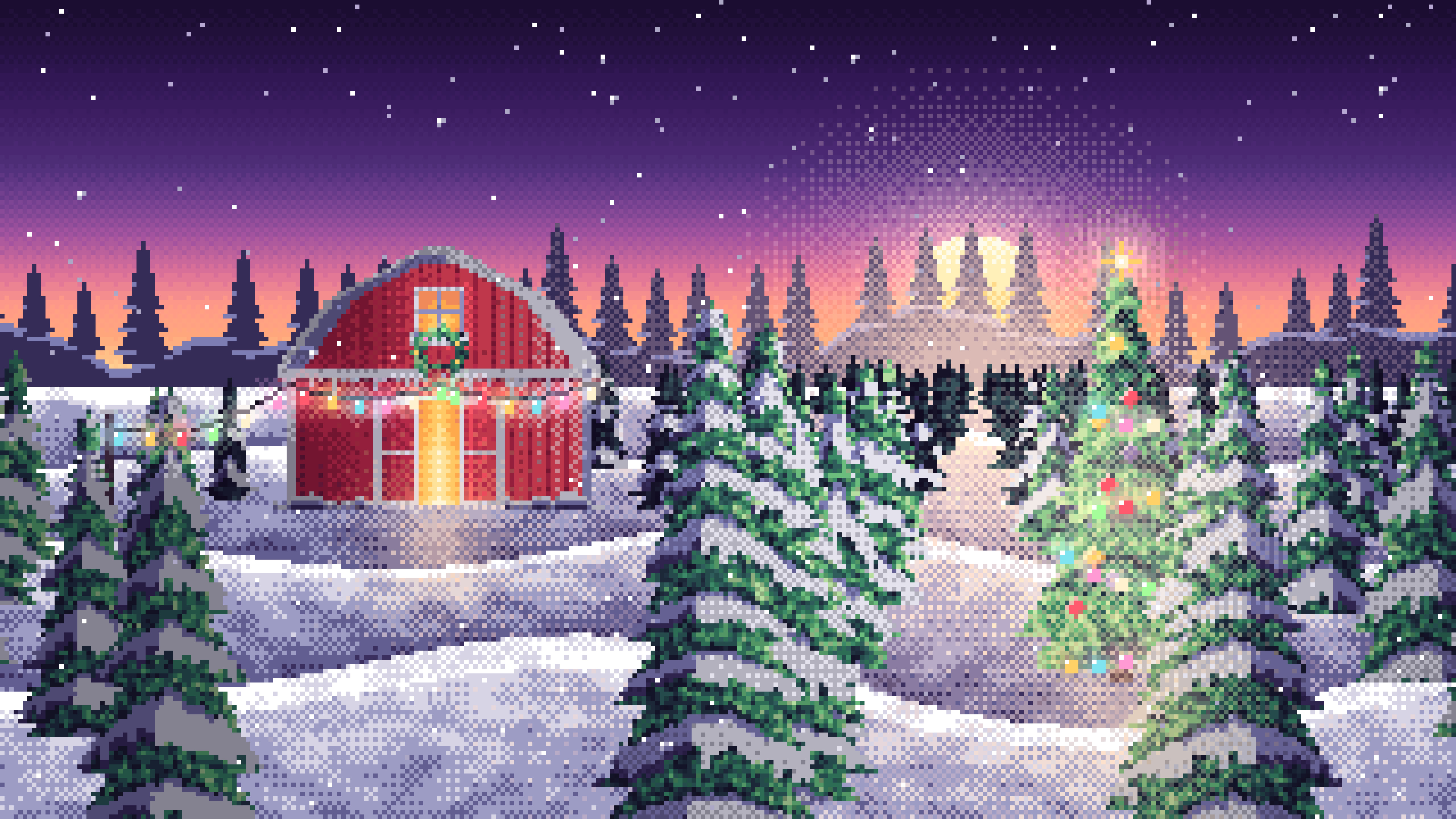 Dark Purple Pixel Art Christmas Tree Farm at Dusk desktop wallpaper in 4K