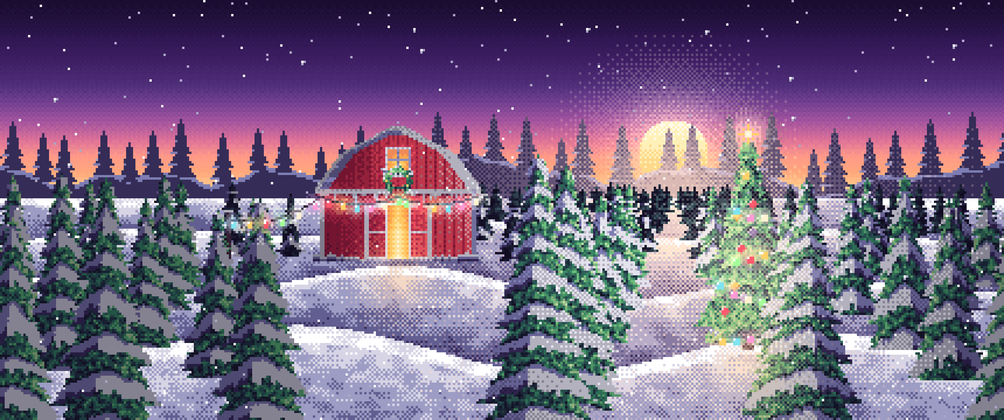 Dark Purple Pixel Art Christmas Tree Farm at Dusk ultrawide wallpaper, 3440 × 1440
