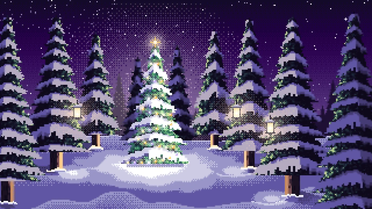 Dark Purple Pixel Art Christmas Tree in a Forest Clearing desktop wallpaper in 4K