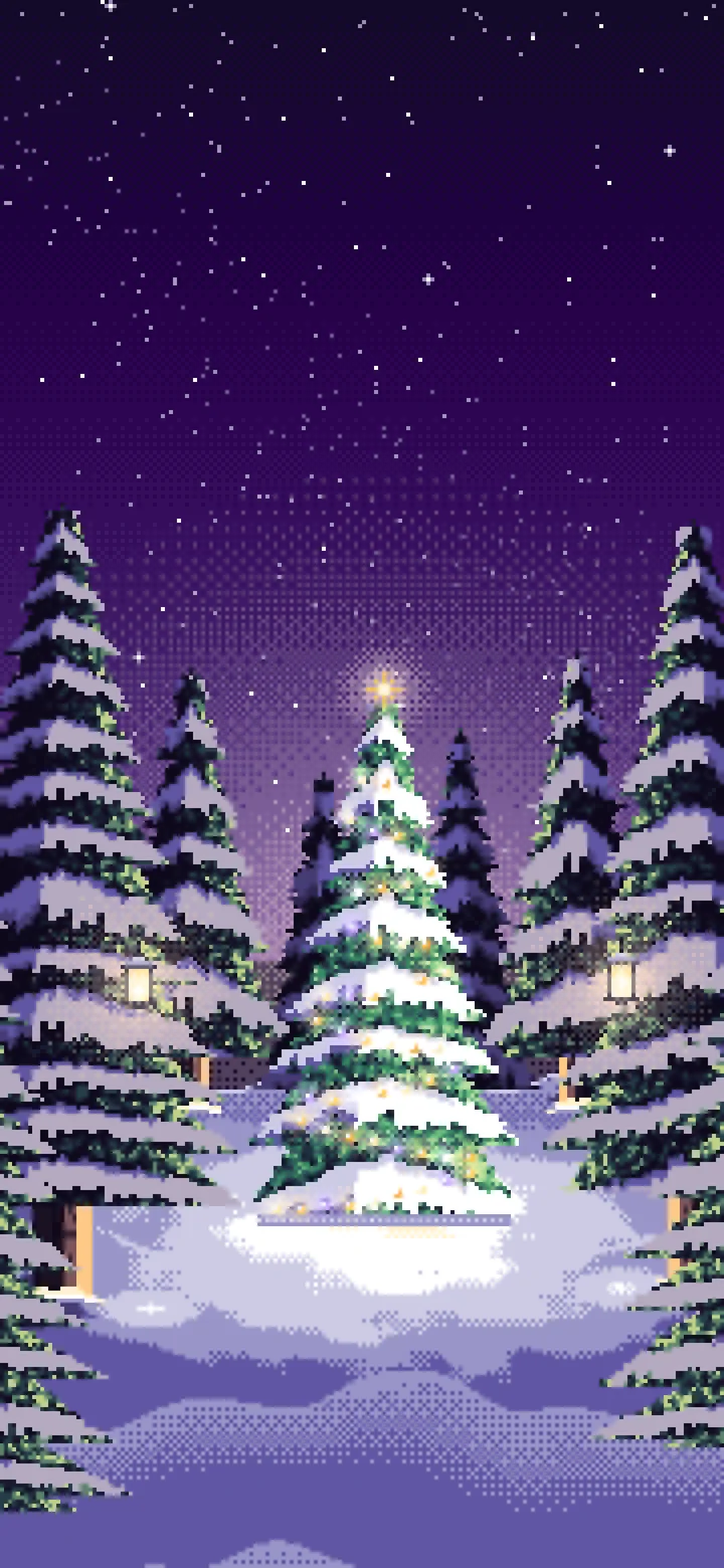 Dark Purple Pixel Art Christmas Tree in a Forest Clearing wallpaper for iPhone and Android