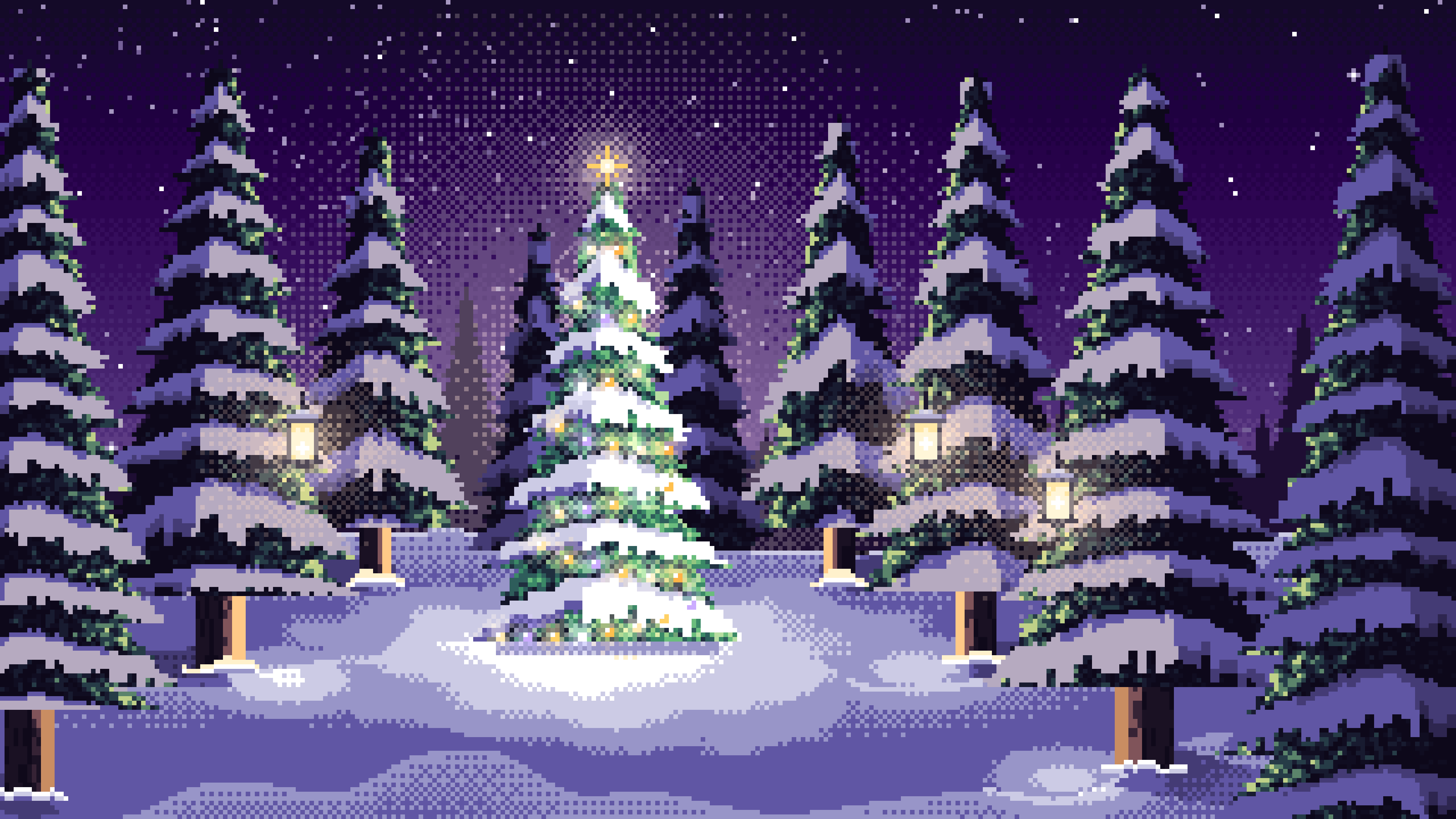 Dark Purple Pixel Art Christmas Tree in a Forest Clearing desktop wallpaper in 4K