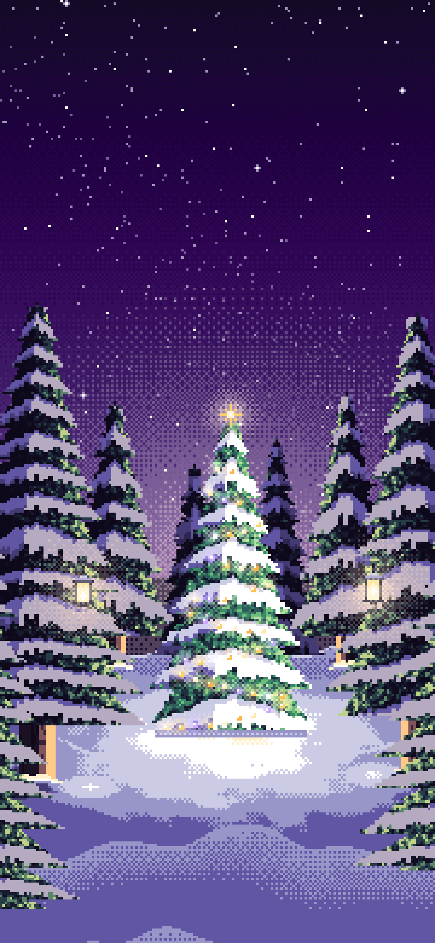 Dark Purple Pixel Art Christmas Tree in a Forest Clearing wallpaper for iPhone and Android