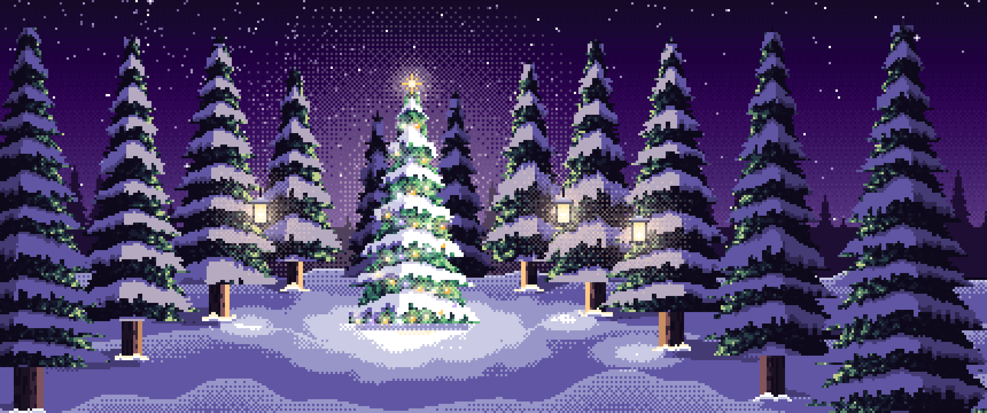 Dark Purple Pixel Art Christmas Tree in a Forest Clearing ultrawide wallpaper, 3440 × 1440