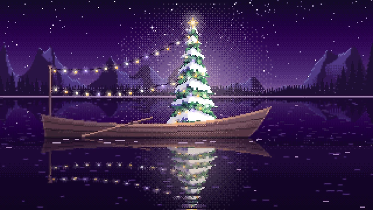 Dark Purple Pixel Art Christmas Tree in a Rowboat on a Lake desktop wallpaper in 4K