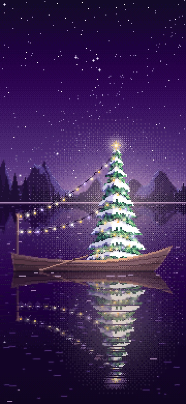 Dark Purple Pixel Art Christmas Tree in a Rowboat on a Lake wallpaper for iPhone and Android