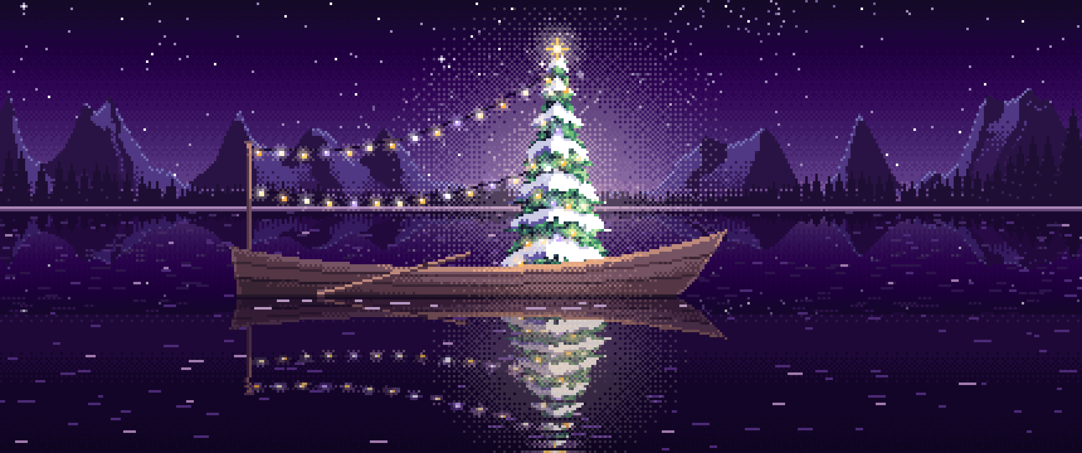 Dark Purple Pixel Art Christmas Tree in a Rowboat on a Lake ultrawide wallpaper, 3440 × 1440