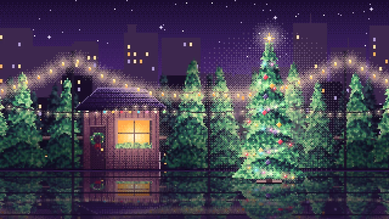 Dark Purple Pixel Art Christmas Tree Lot at Night desktop wallpaper in 4K