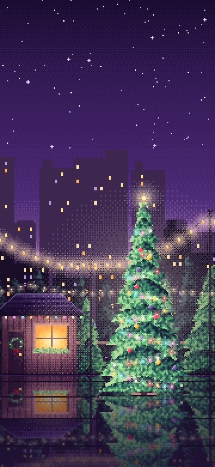 Dark Purple Pixel Art Christmas Tree Lot at Night wallpaper for iPhone and Android