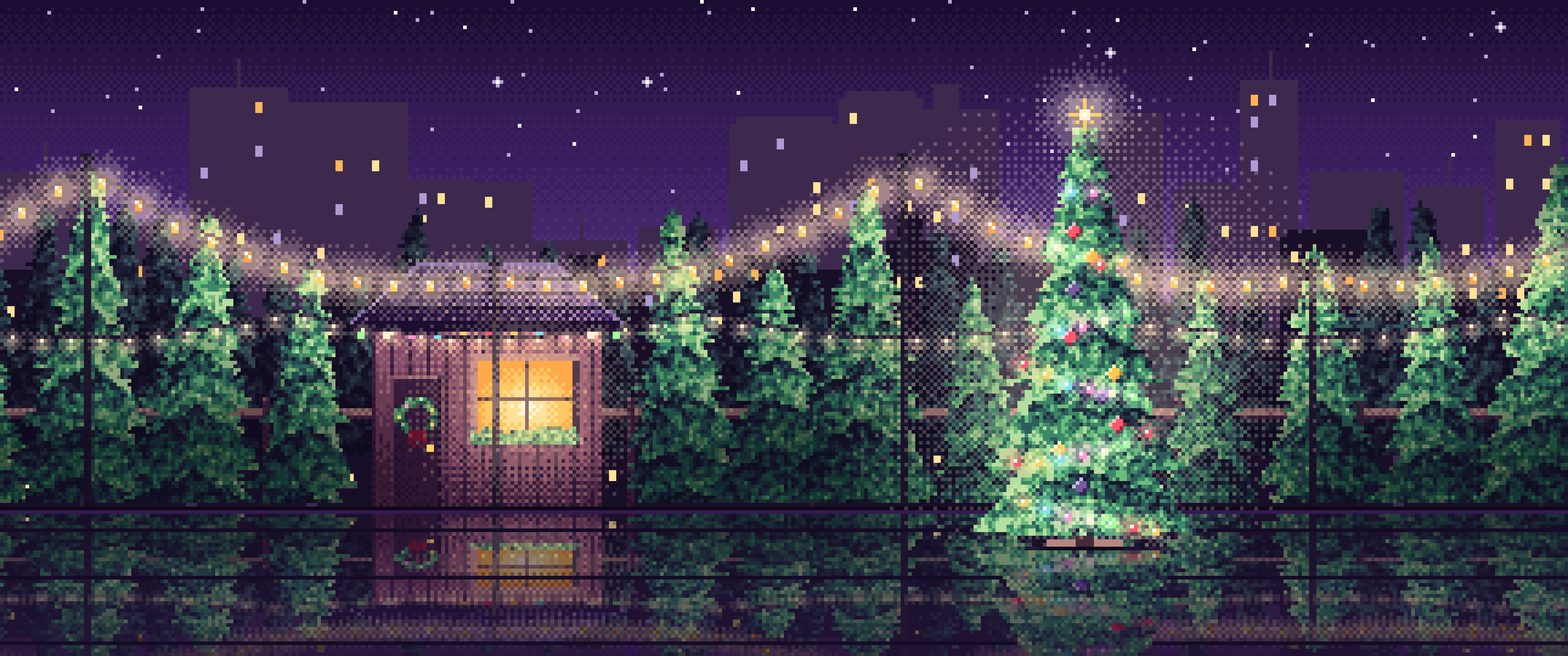 Dark Purple Pixel Art Christmas Tree Lot at Night ultrawide wallpaper, 3440 × 1440