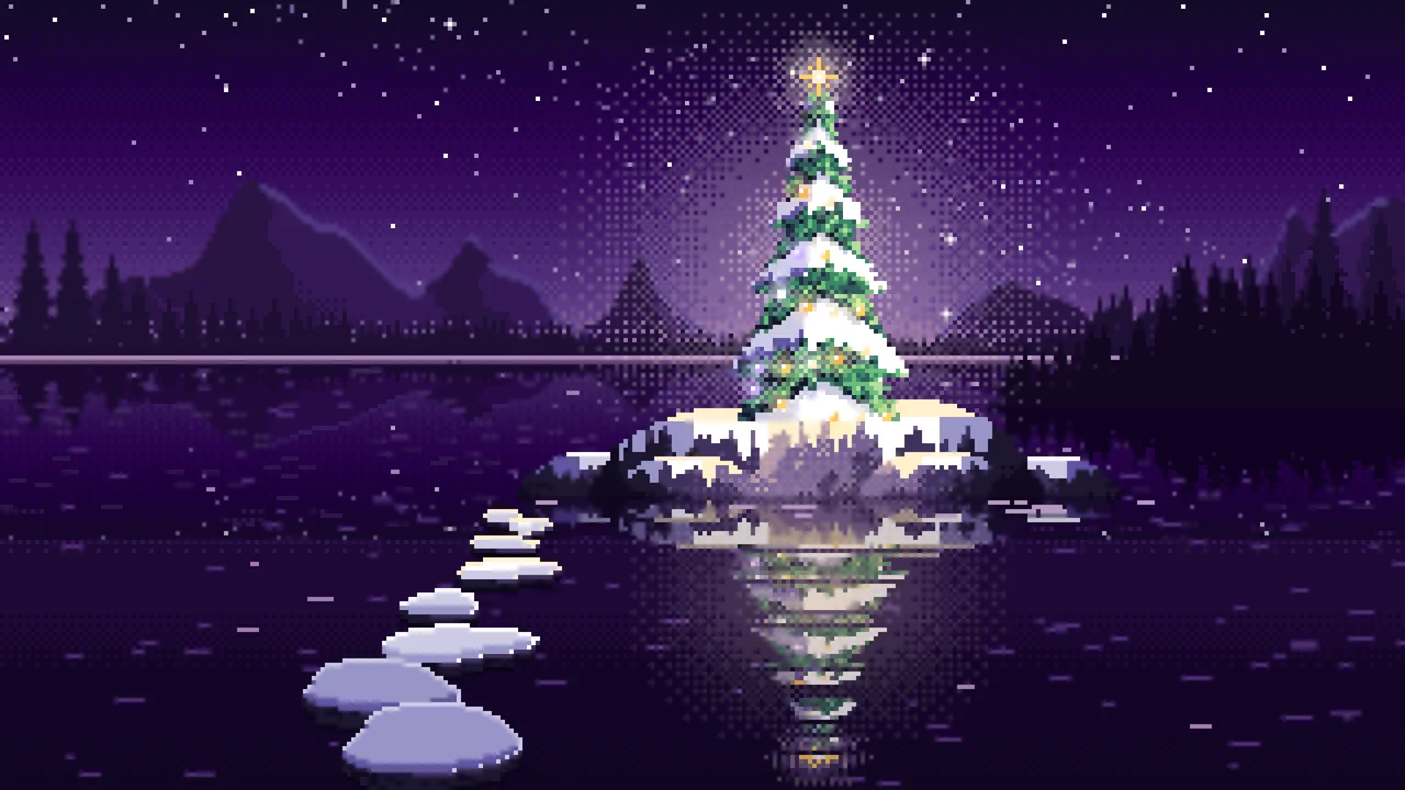 Dark Purple Pixel Art Christmas Tree on a Lake Island desktop wallpaper in 4K