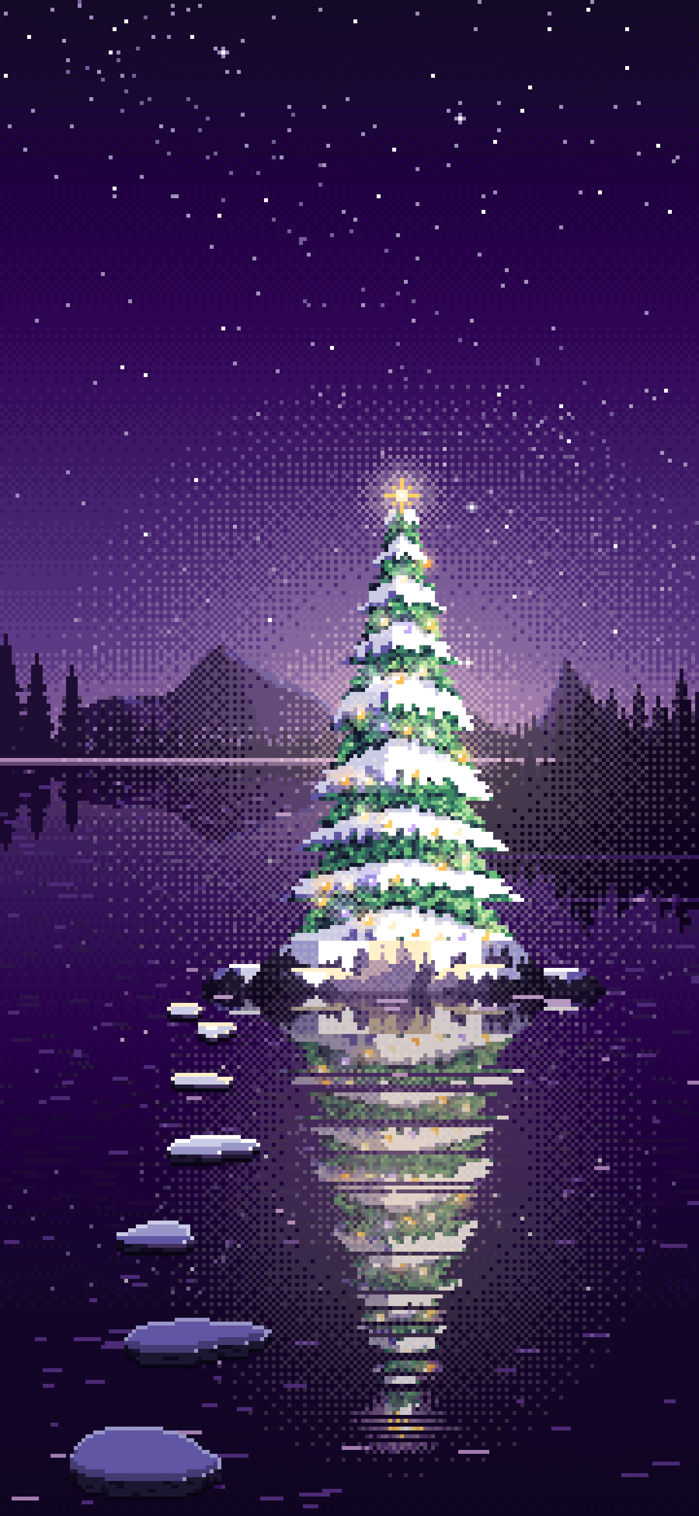 Dark Purple Pixel Art Christmas Tree on a Lake Island wallpaper for iPhone and Android
