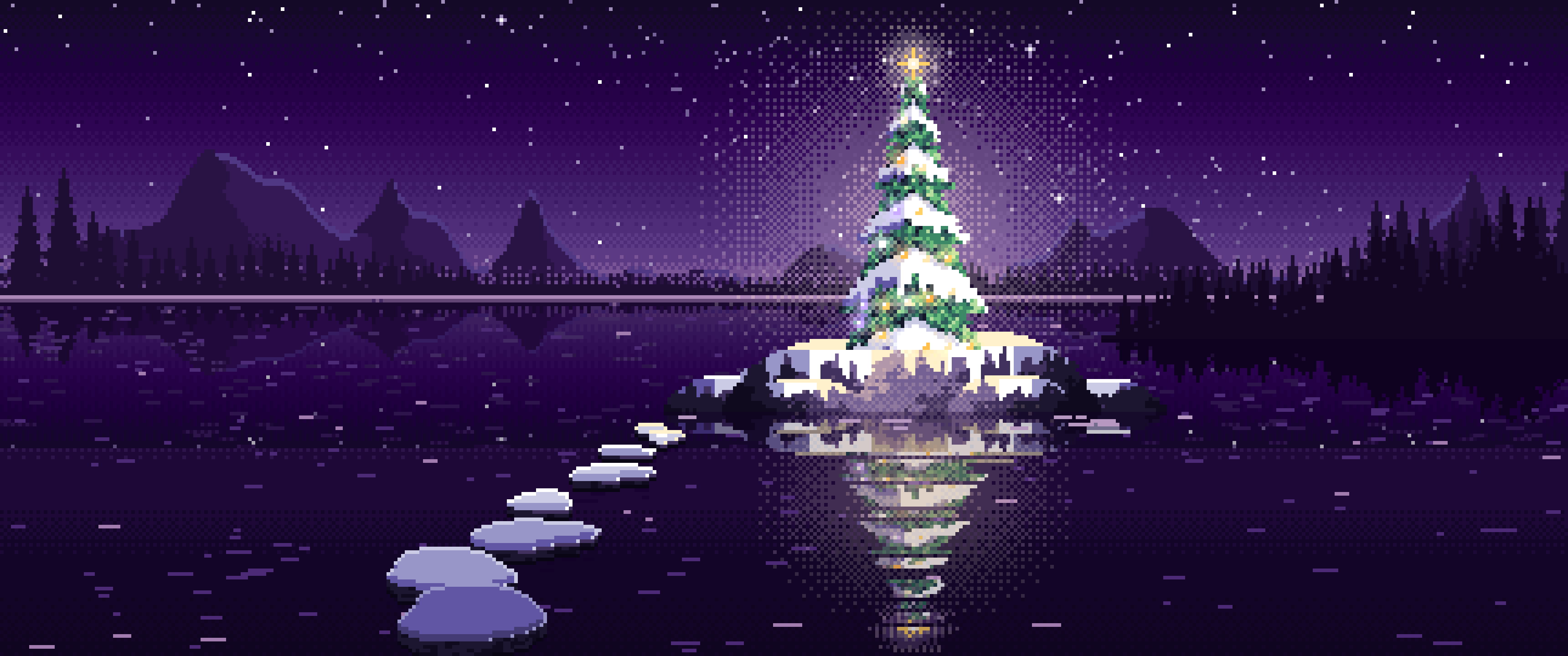 Dark Purple Pixel Art Christmas Tree on a Lake Island ultrawide wallpaper, 3440 × 1440