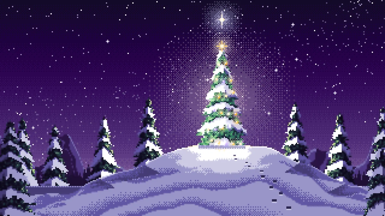Dark Purple Pixel Art Christmas Tree on a Snowy Hilltop desktop wallpaper in 4K