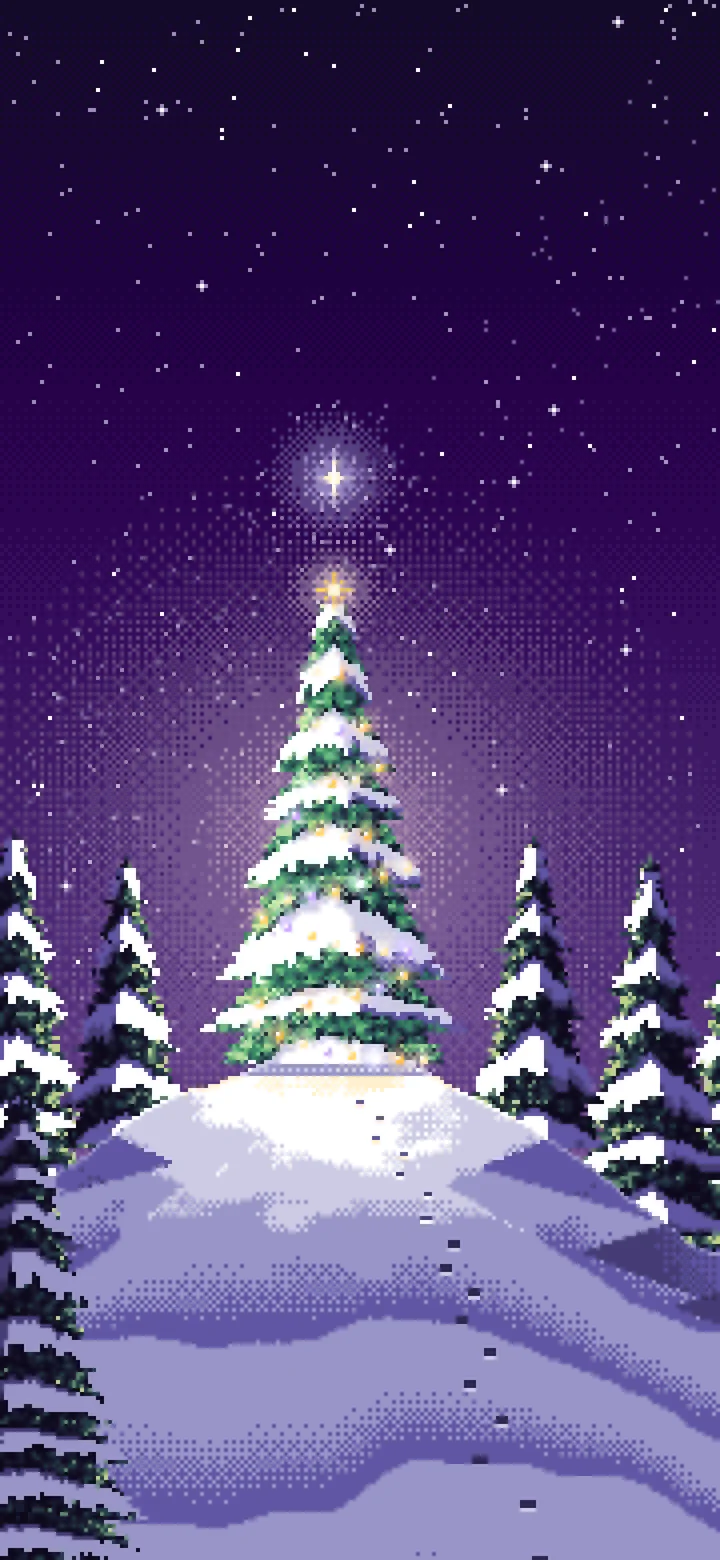 Dark Purple Pixel Art Christmas Tree on a Snowy Hilltop wallpaper for iPhone and Android